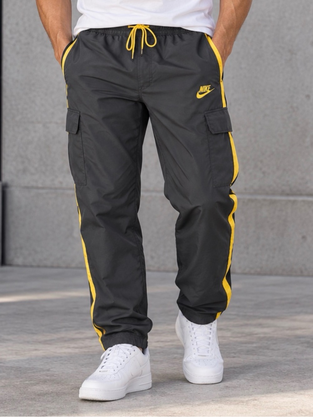 Nike Men’s Black Cargo Track Pants with Yellow Accents